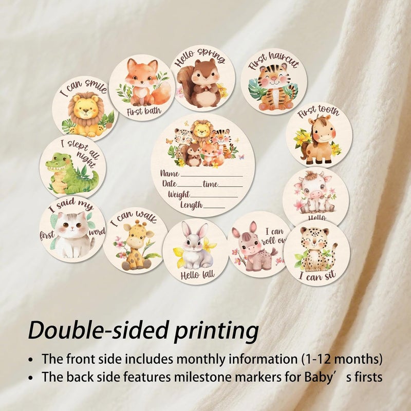 MCIAONE Baby Monthly Milestone Cards Sign - 13 Double Sided Little Animals Milestone Cards, Fox Pattern Wooden Circles Discs for Photo Props Cat Newborn Announcement Marker, Baby Shower Newborn Sign Gift Set - Image 5